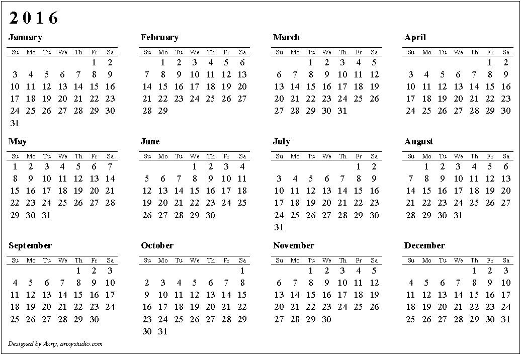 Free Printable Blank Calendar Template 2016