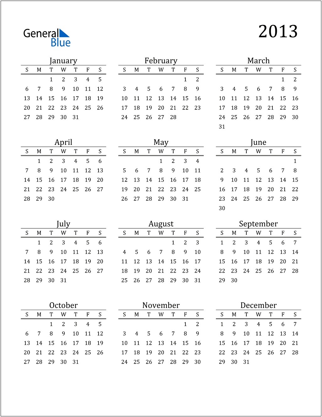 Free Printable Blank Year Calendar Template 2013