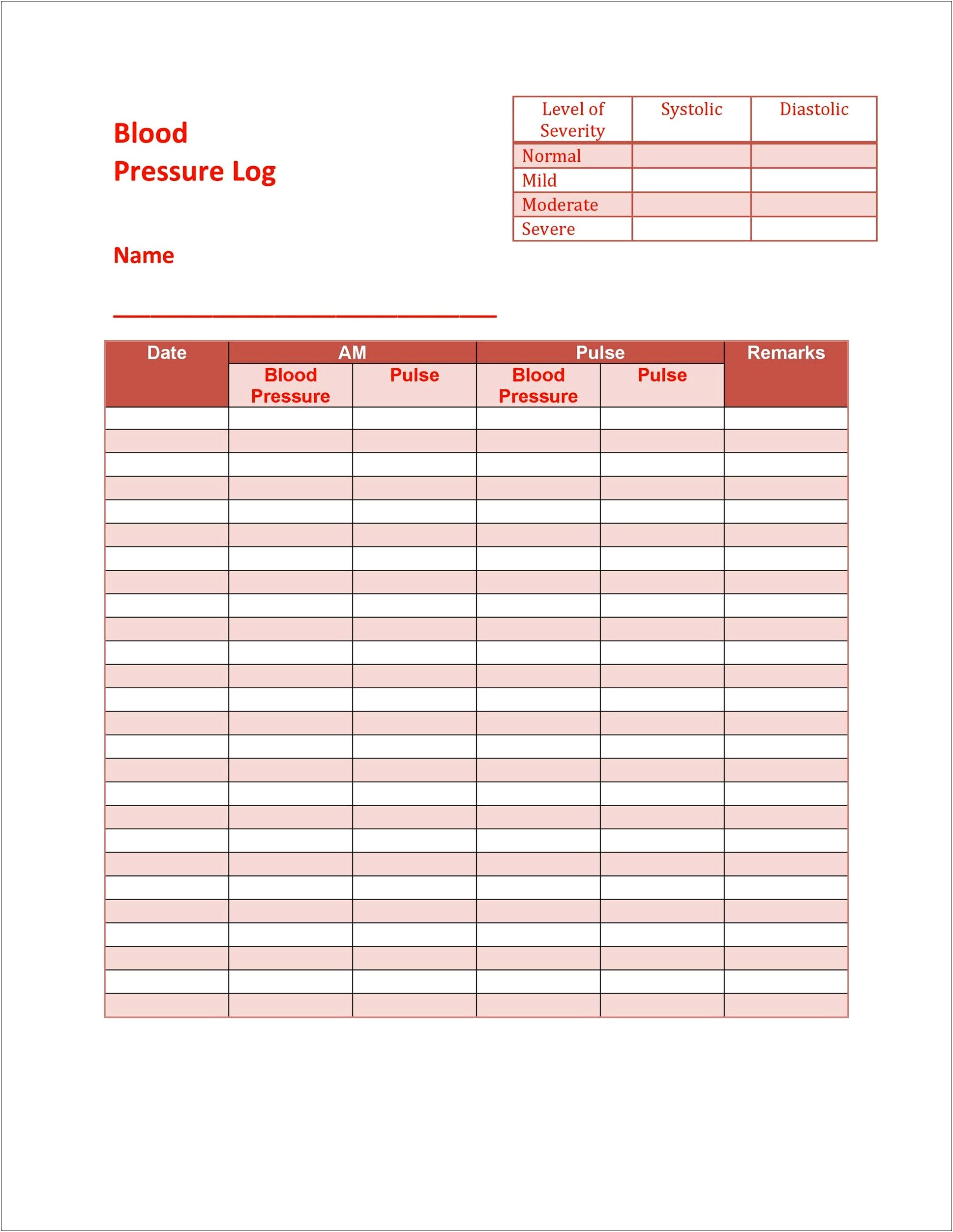 Free Printable Blood Pressure Chart Template