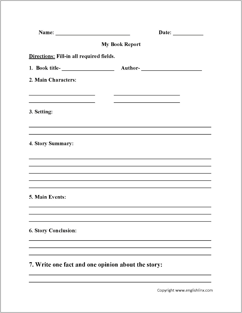 Free Printable Book Report Template 1st Grade