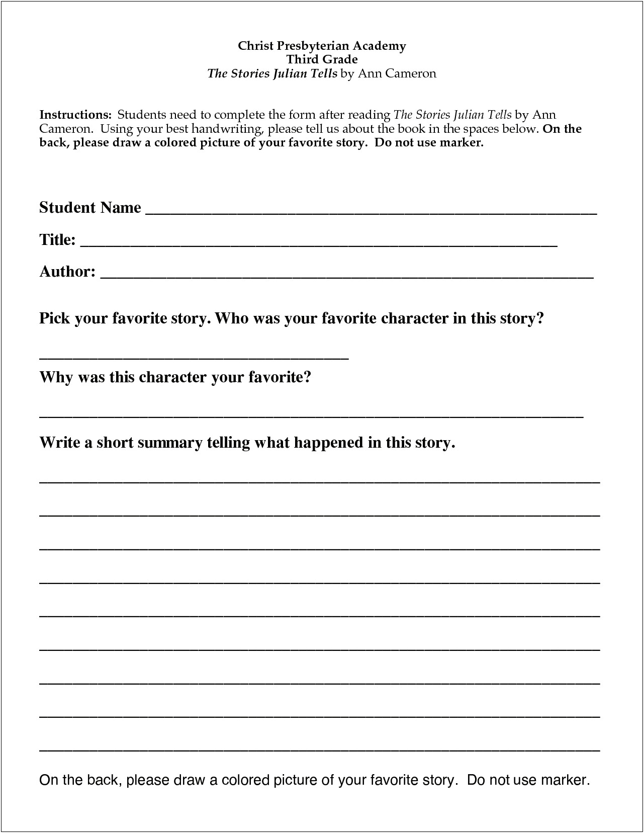 Free Printable Book Report Template 2nd Grade