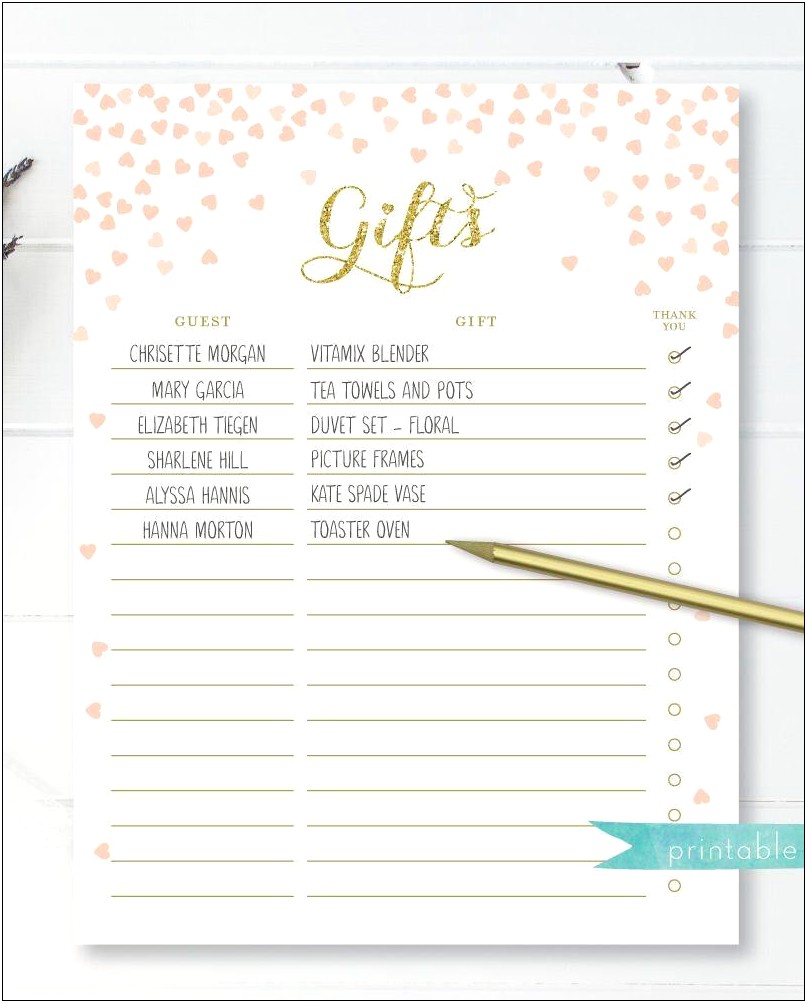 Free Printable Bridal Shower Gift List Template
