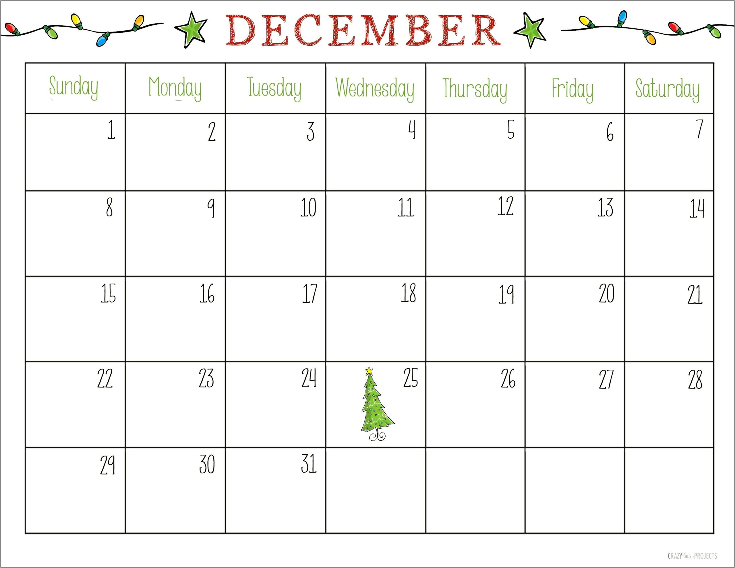 Free Printable Calendar Template December 2018