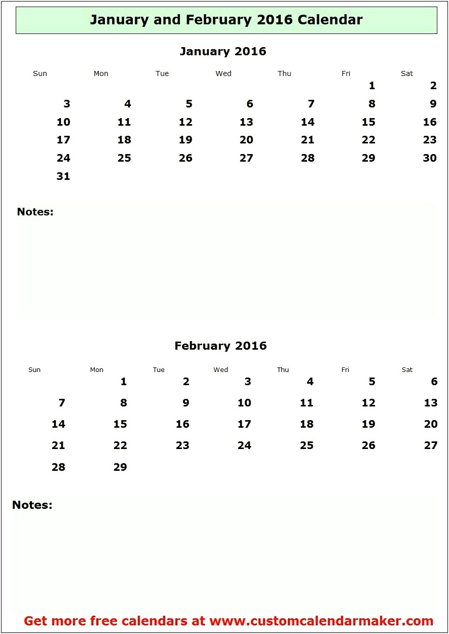 Free Printable Calendar Template February 2016