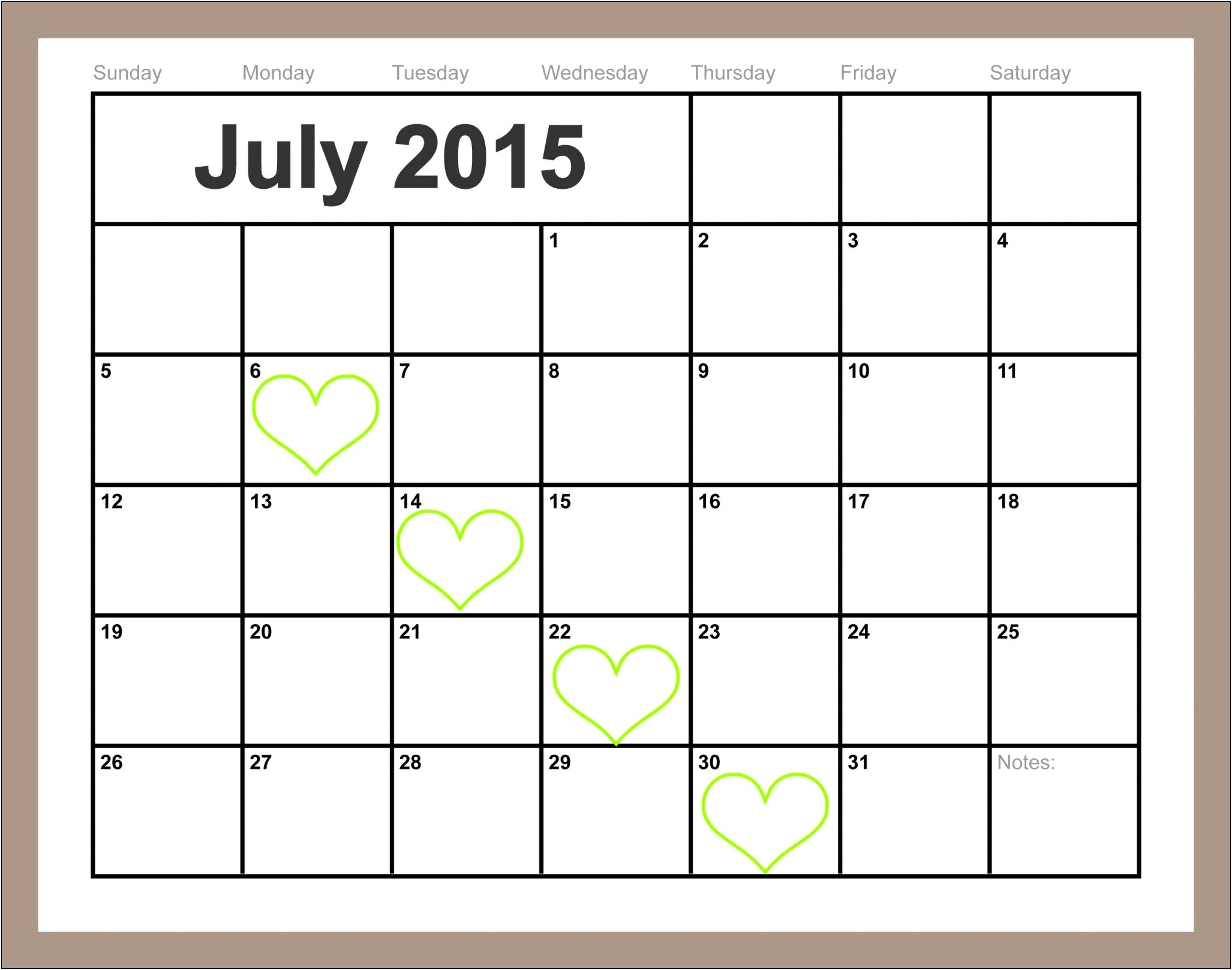 Free Printable Calendar Template July 2015