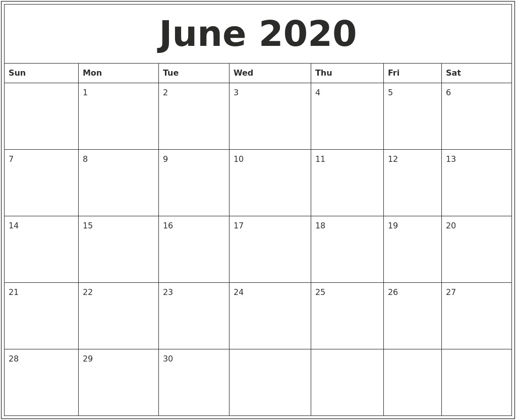 Free Printable Calendar Template June 2018