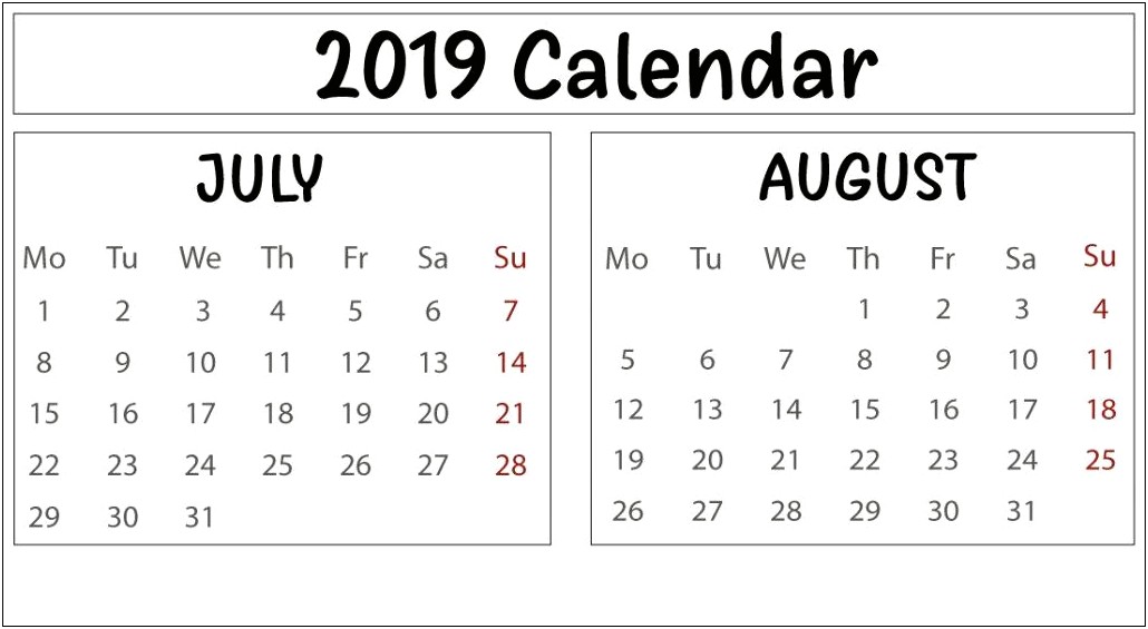 Free Printable Calendar Templates 2019 July