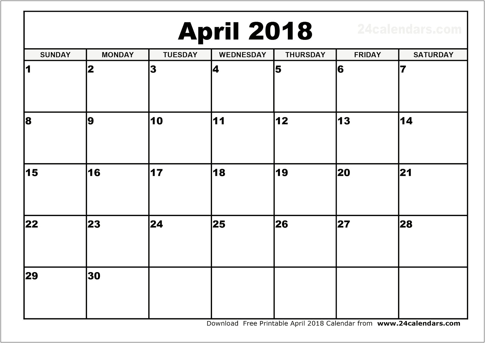 Free Printable Calendar Templates April 2018