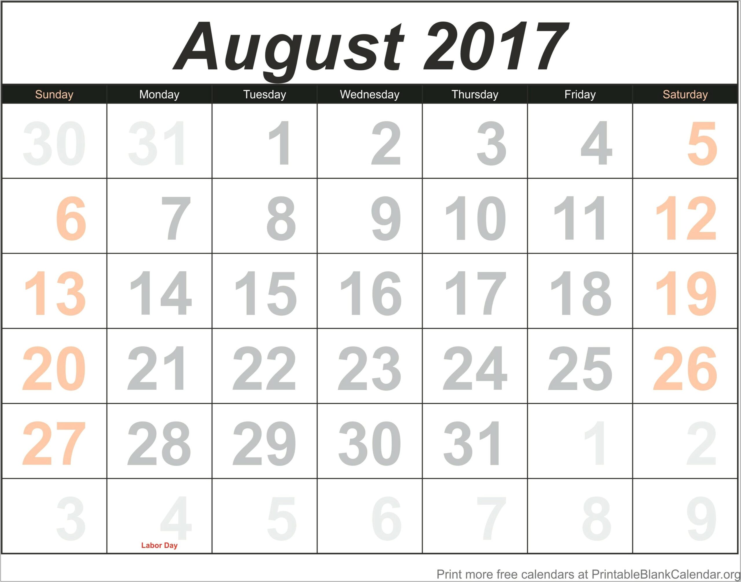 Free Printable Calendar Templates August 2017