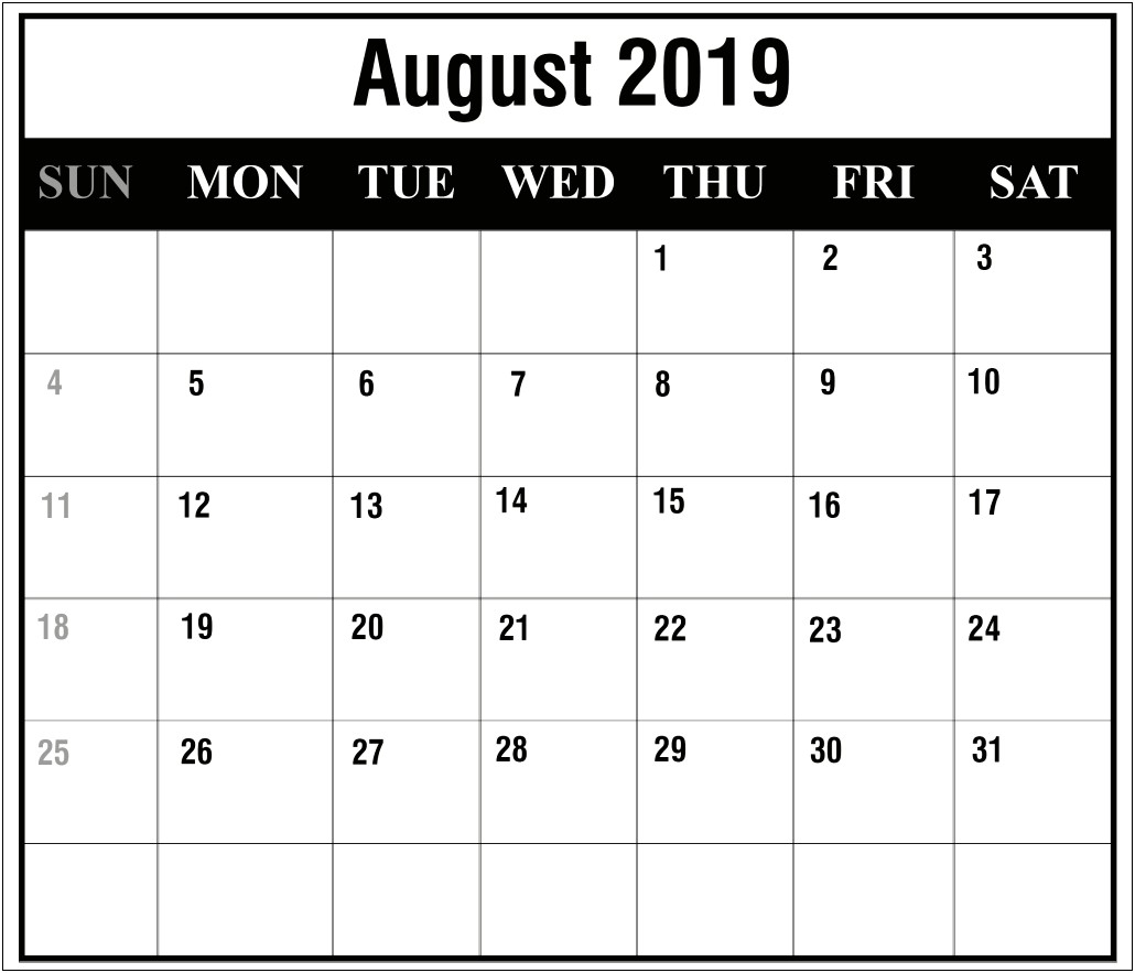 Free Printable Calendar Templates August 2019