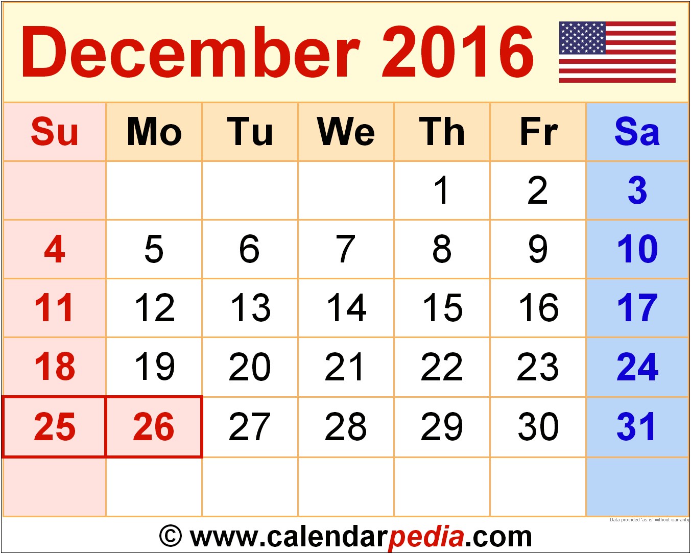 Free Printable Calendar Templates December 2016
