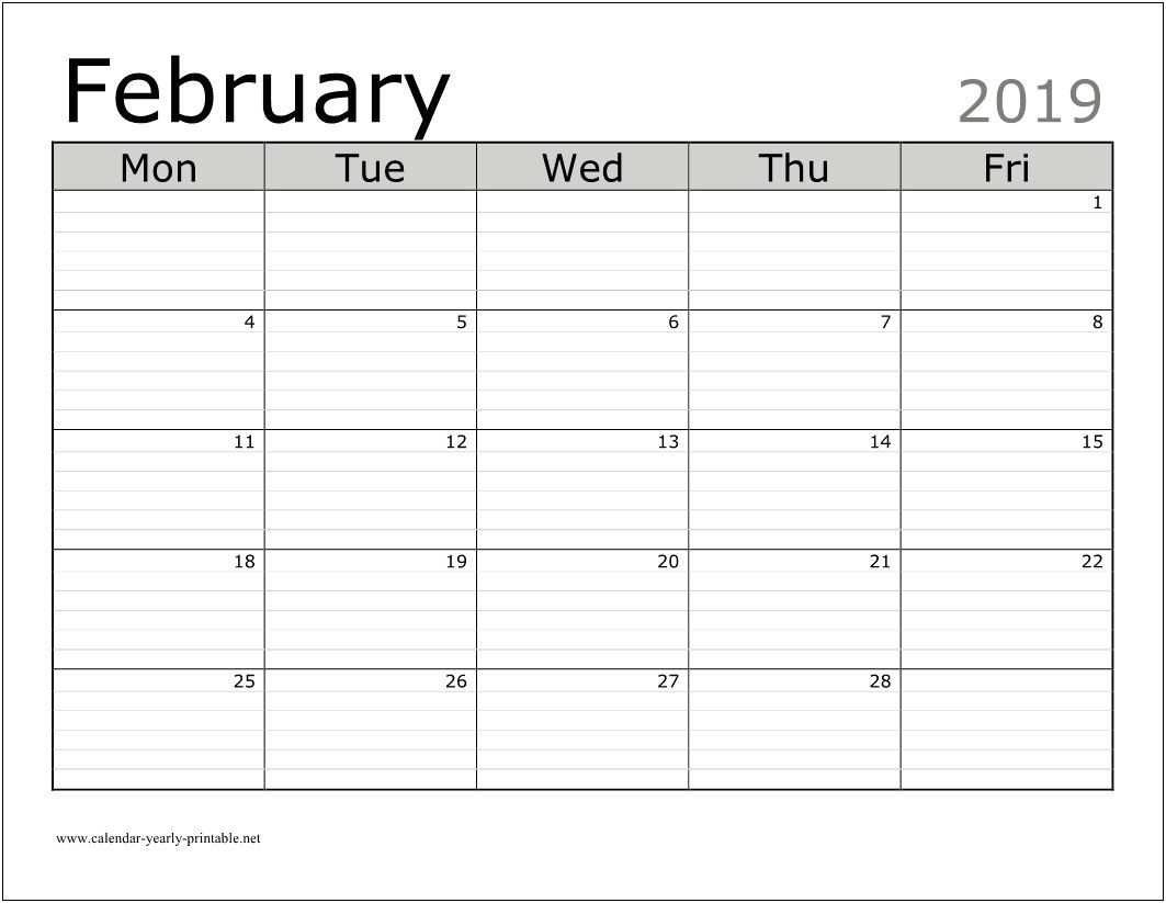 Free Printable Calendar Templates February 2019