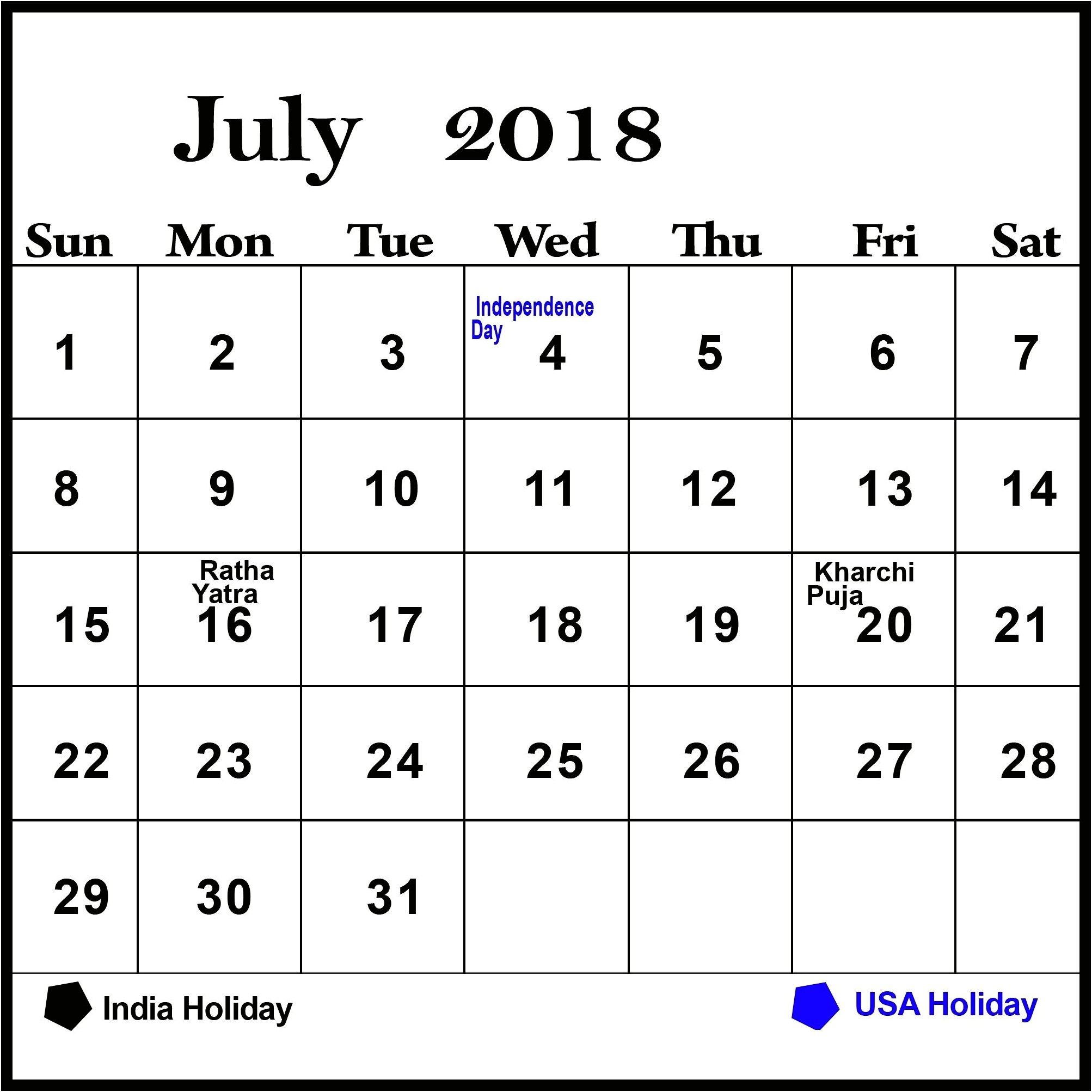 Free Printable Calendar Templates July 2018