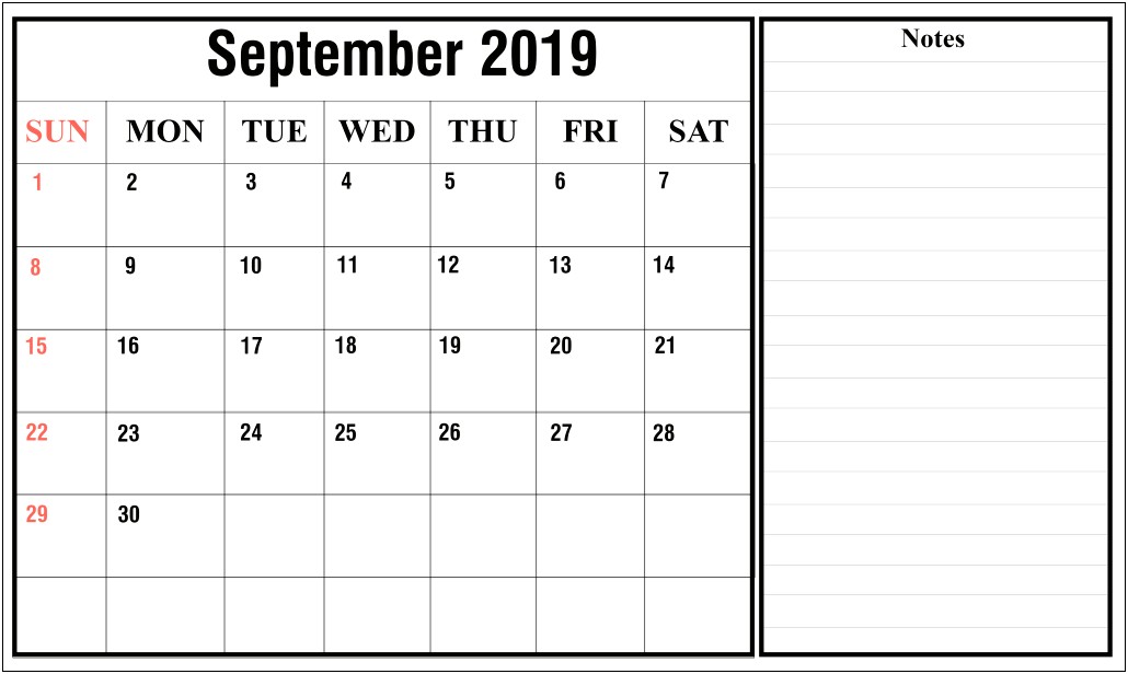 Free Printable Calendar Templates September 2019