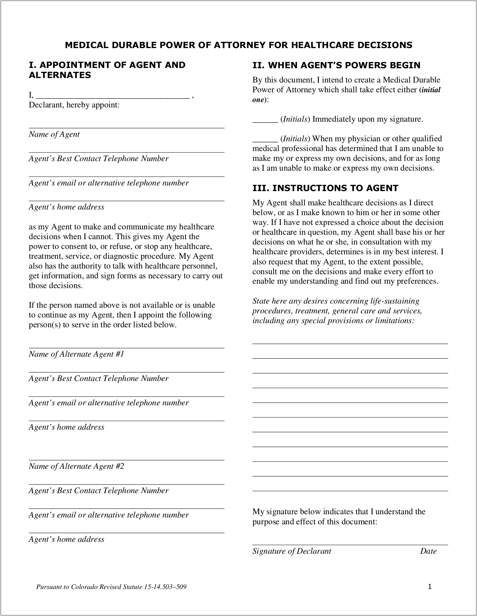 Free Printable Colorado Medical Power Of Attorney Template