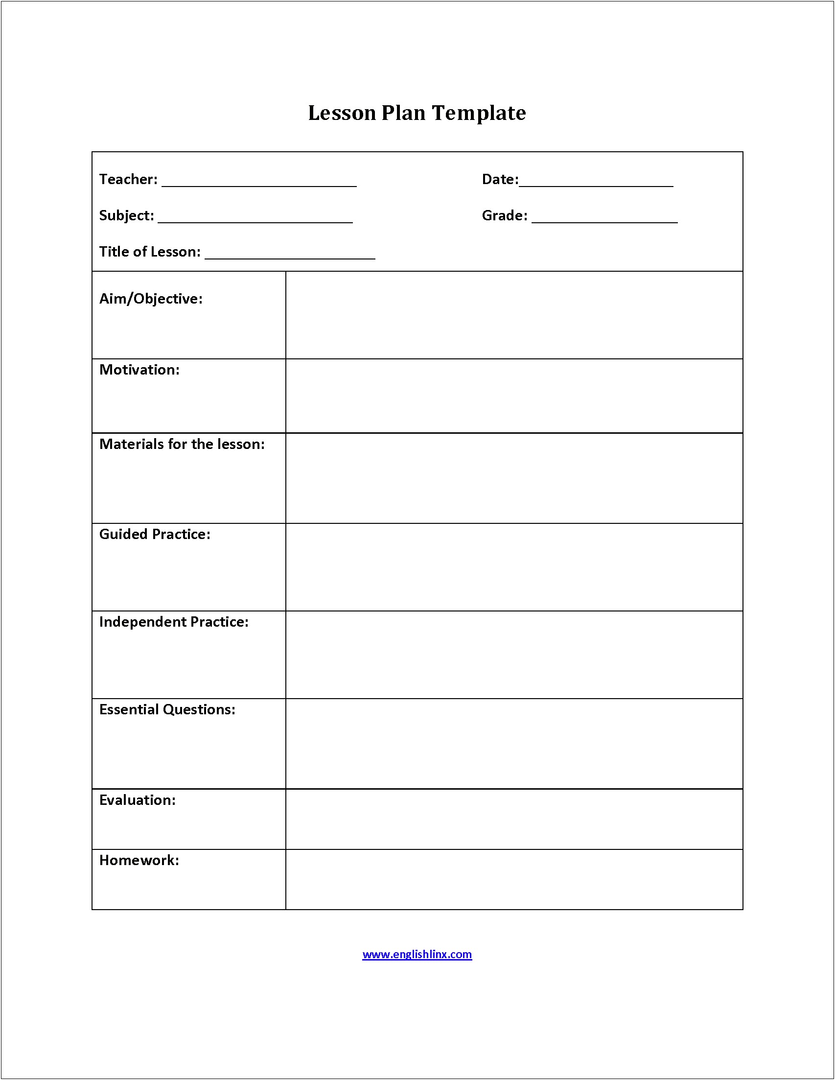 Free Printable Common Core Weekly Lesson Plan Template