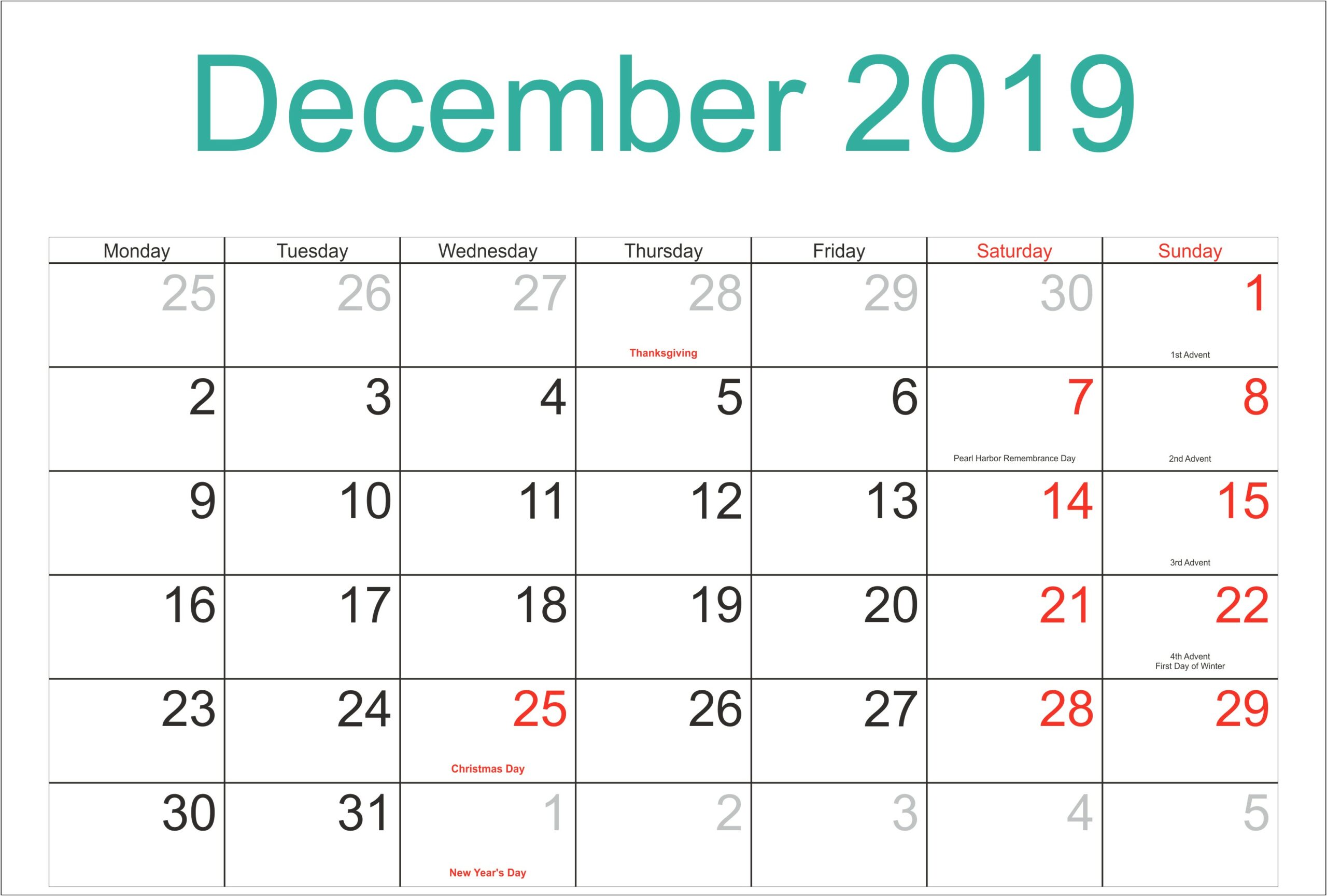 Free Printable December 2019 Calendar Template