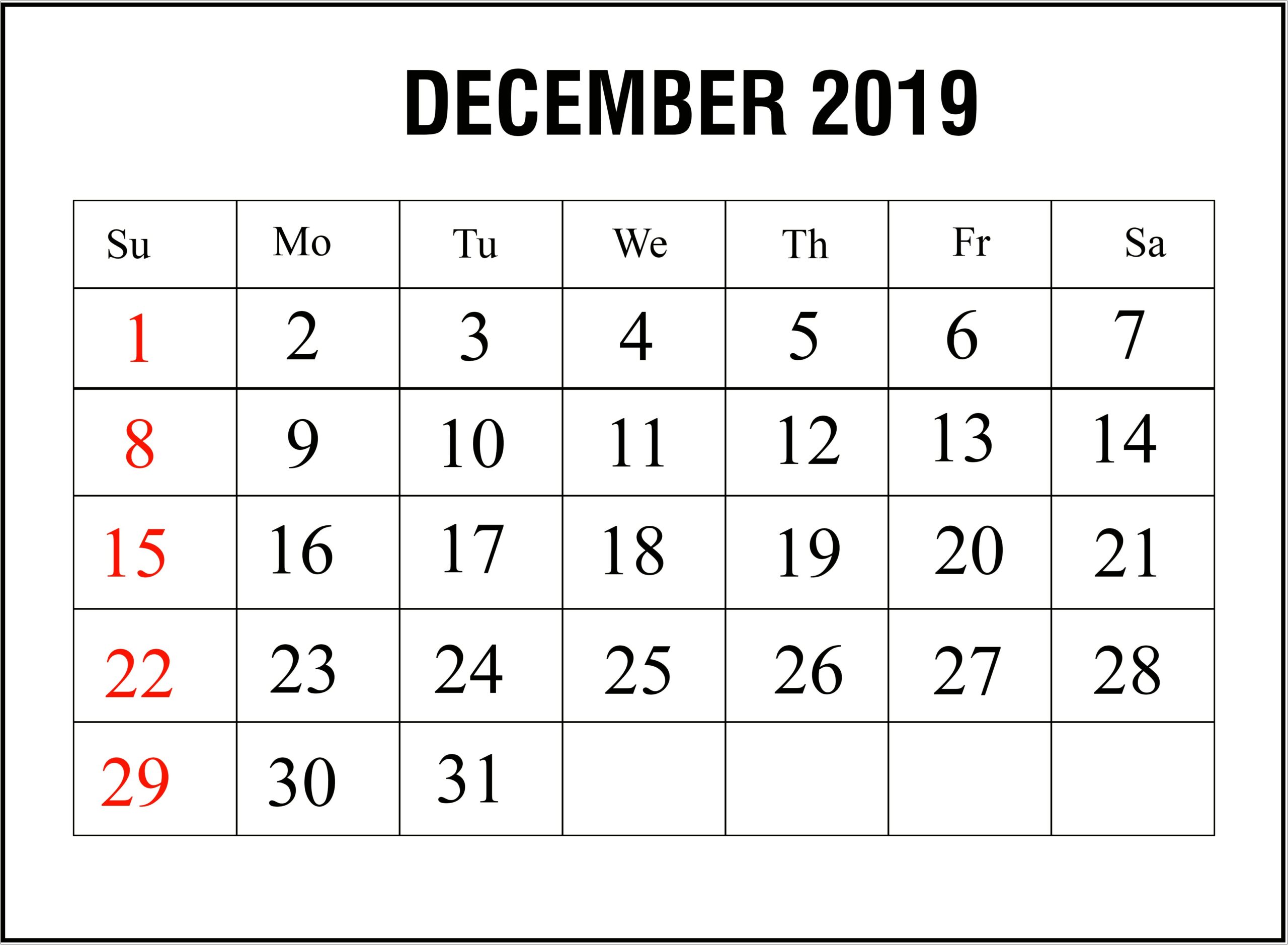 Free Printable December 2019 Calendar Template Word