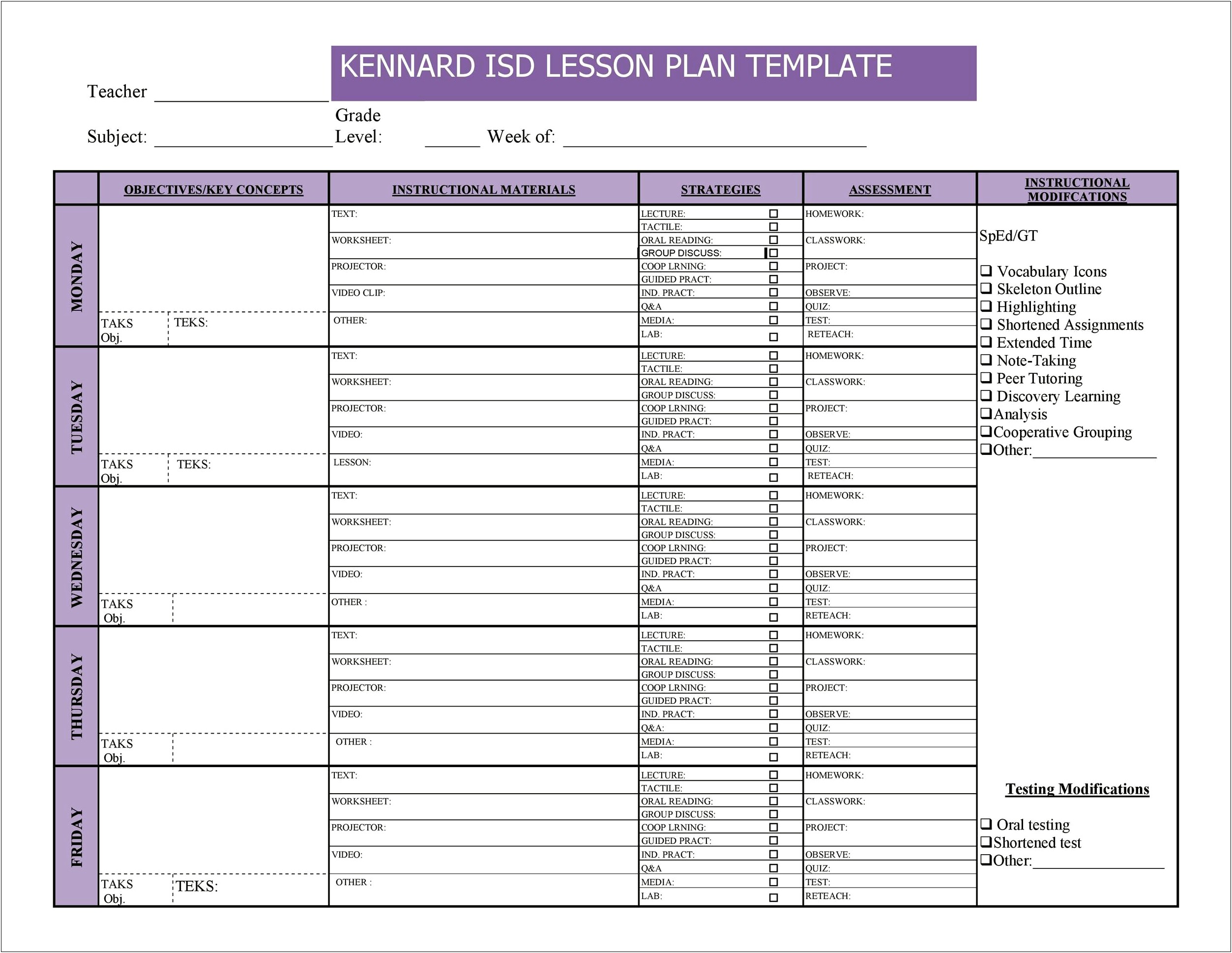 Free Printable Elementary Lesson Plan Template