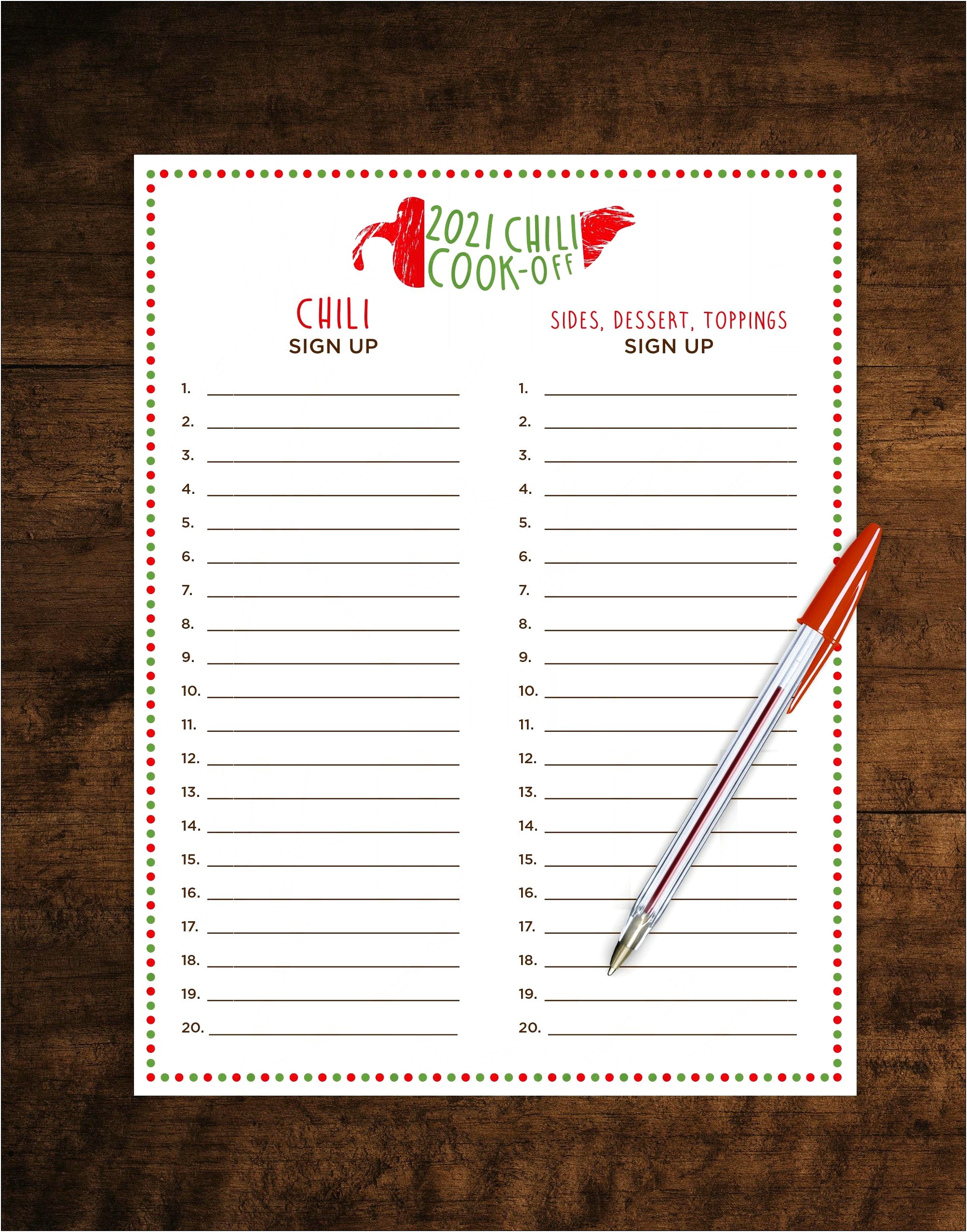 Free Printable Guest List Template Chili Cook Off