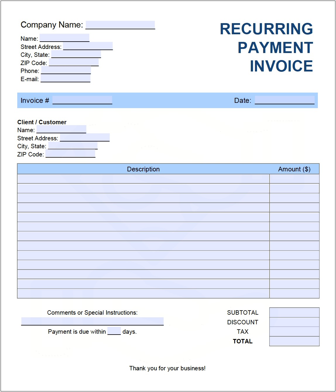 Free Printable Invoice Template Excel Monthly Billing