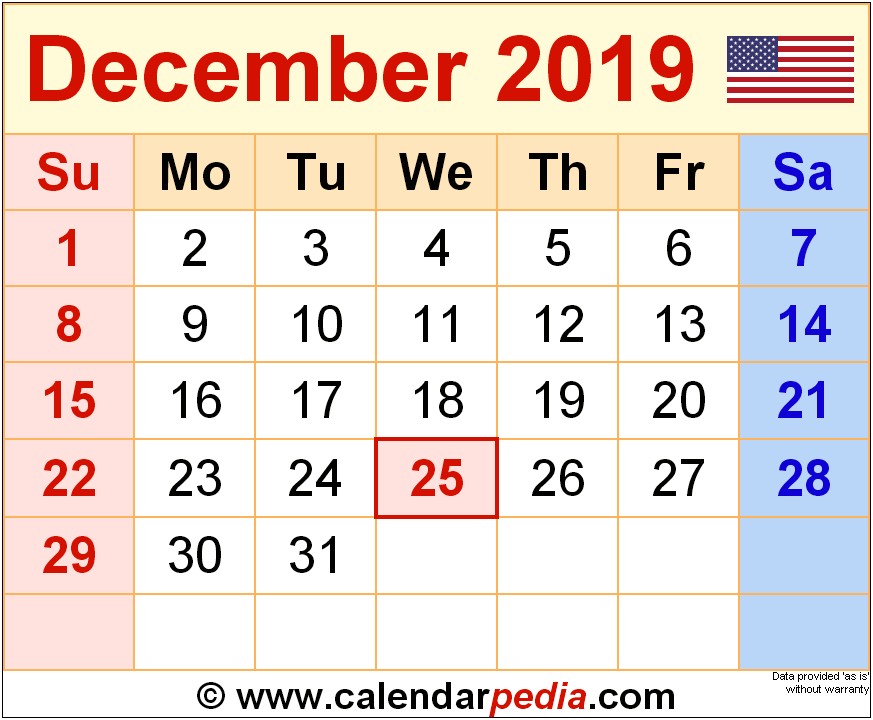 Free Printable July December 2019 Calendar Template