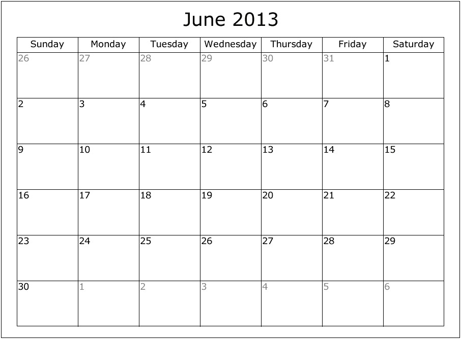 Free Printable June 2013 Calendar Template