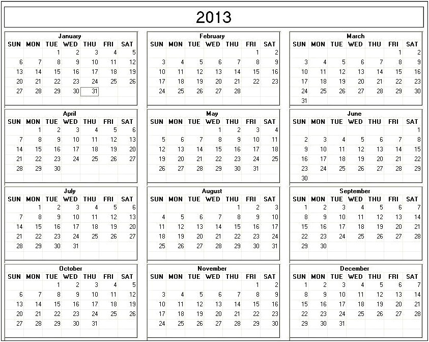 Free Printable Monthly Calendar Year 2013 Template