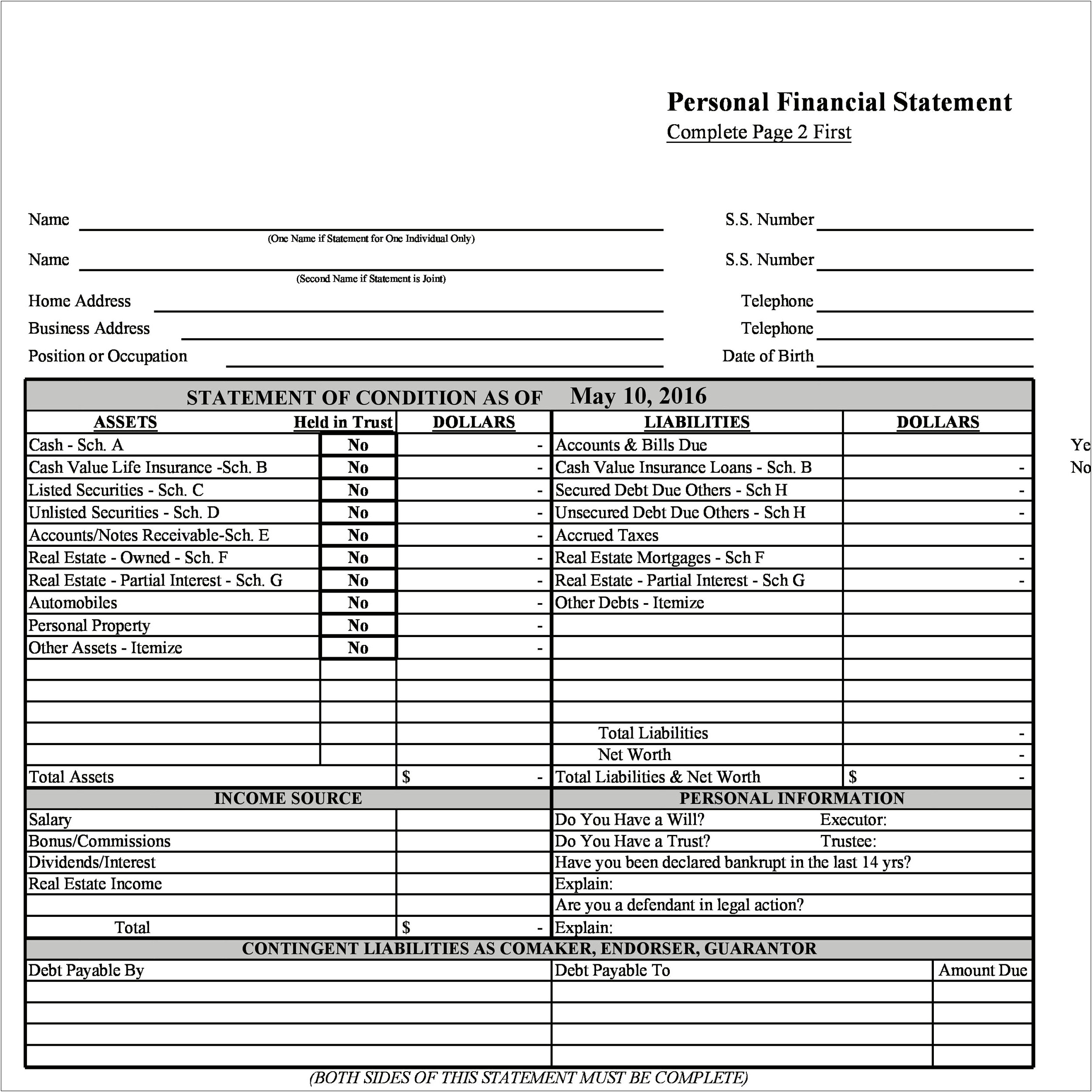 Free Printable Personal Financial Statement Template