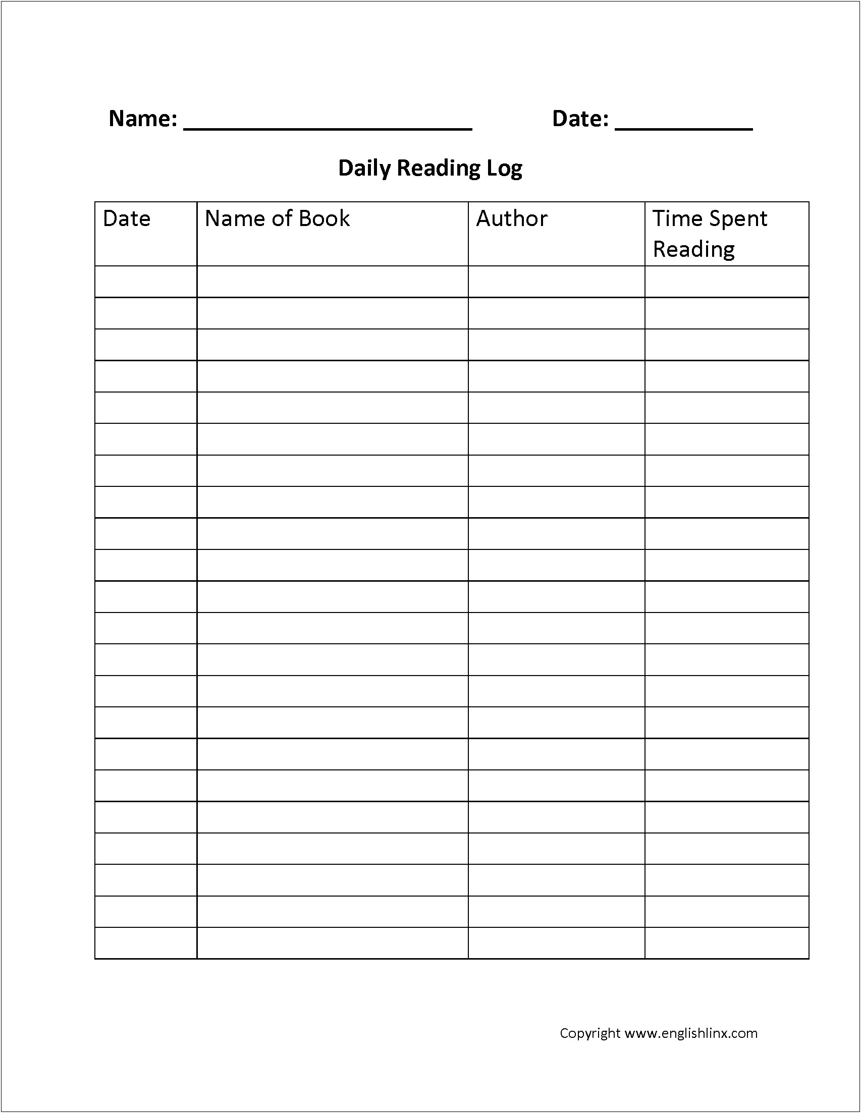 Free Printable Reading Log Template With Parent Signature