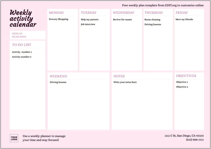 Free Printable Template Blank Student 7 Day Planner