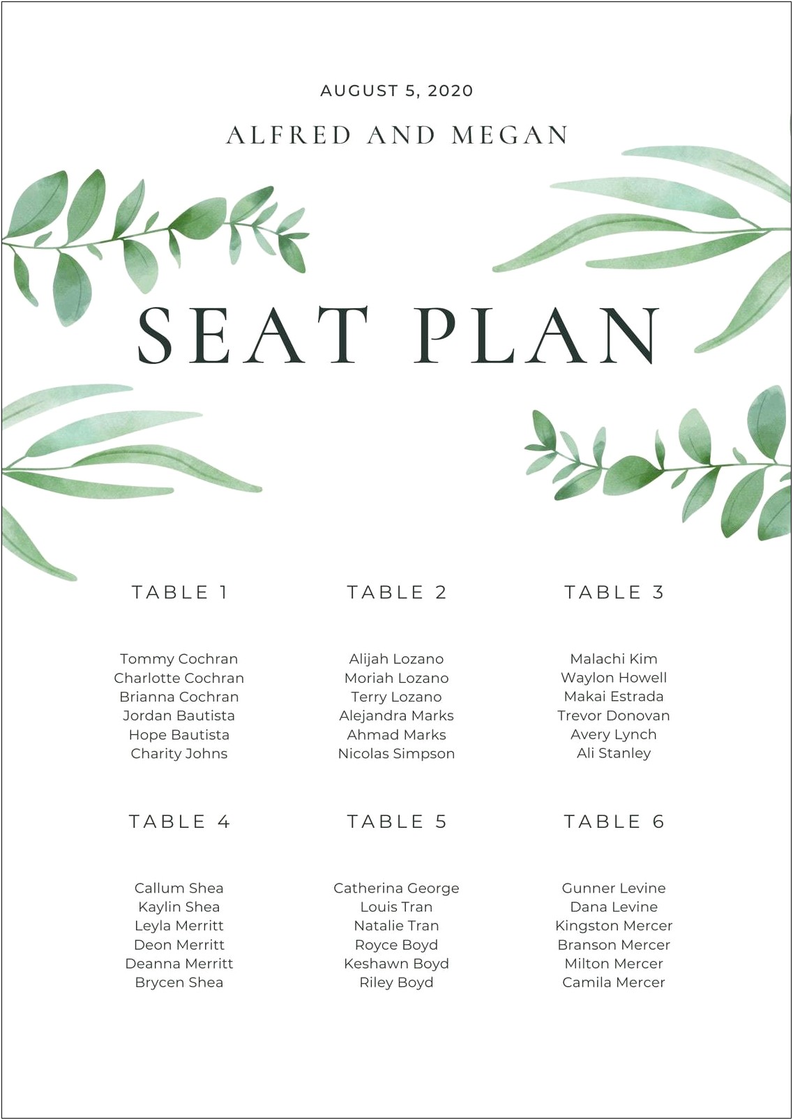Free Printable Wedding Seating Plan Template