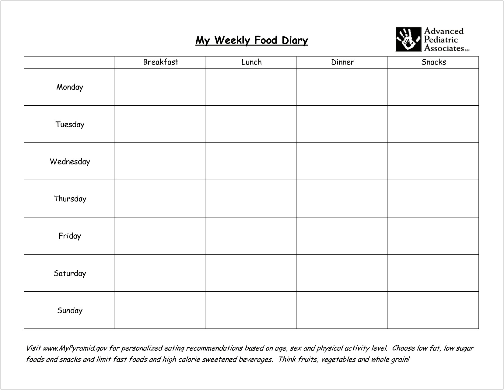 Free Printable Weekly Food Diary Template