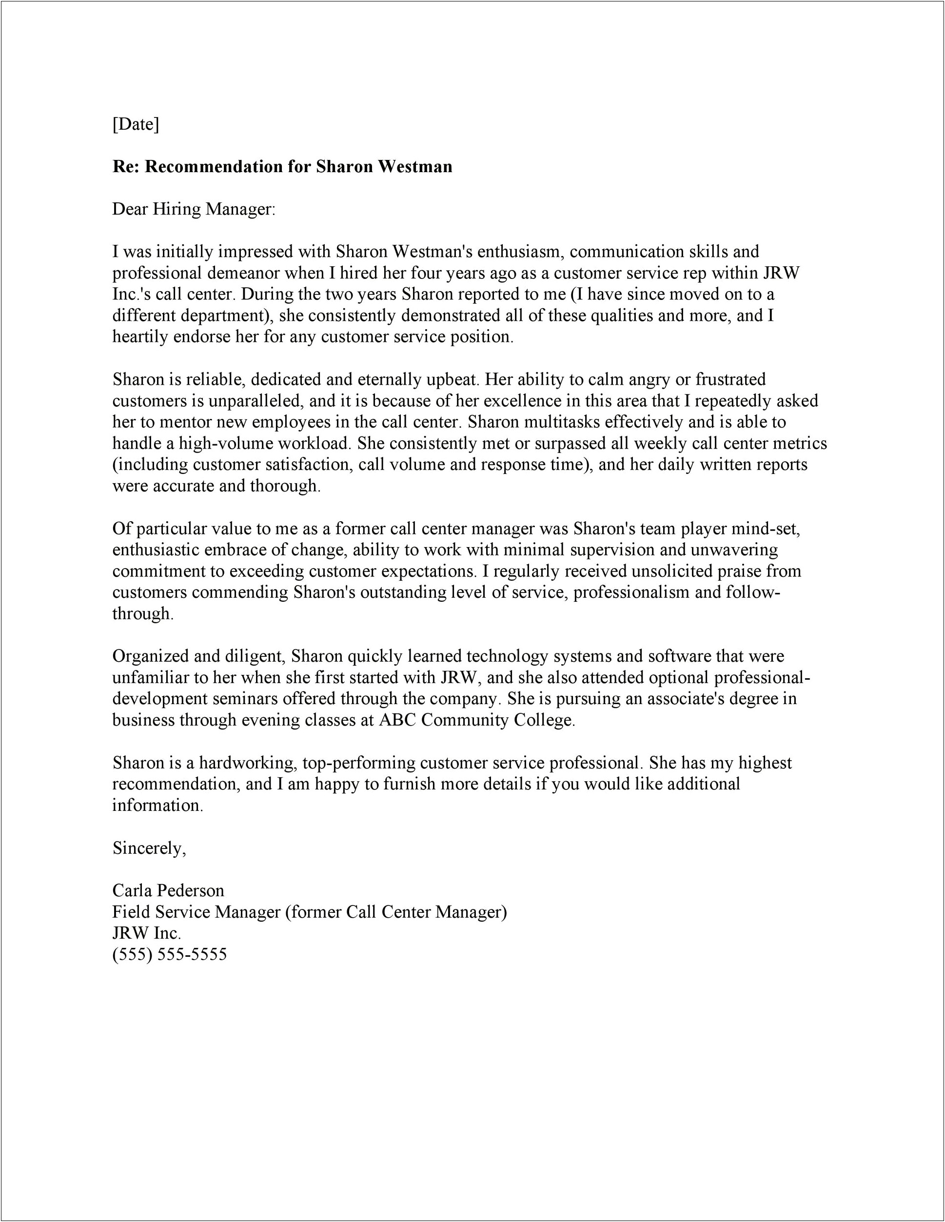 Free Professional Letter Of Recommendation Template