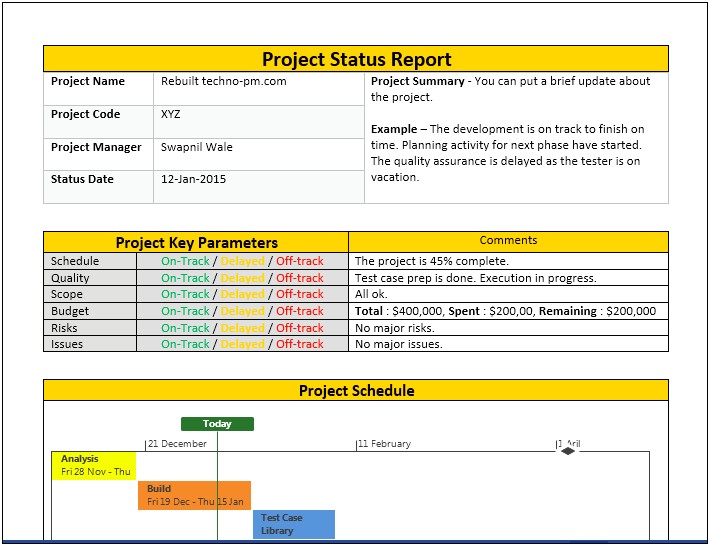 Free Project Management Status Report Template Excel