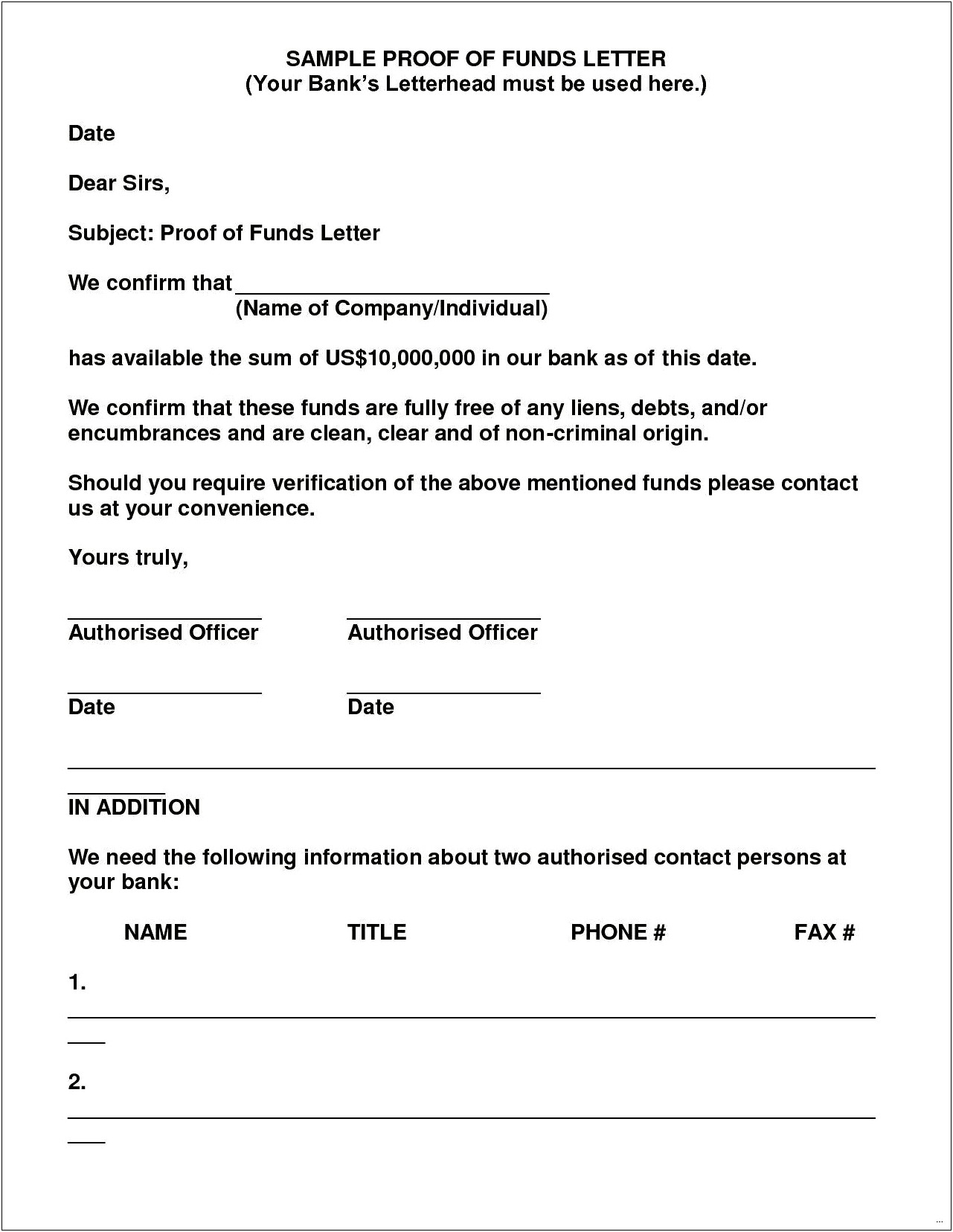 Free Proof Of Funds Letter Template