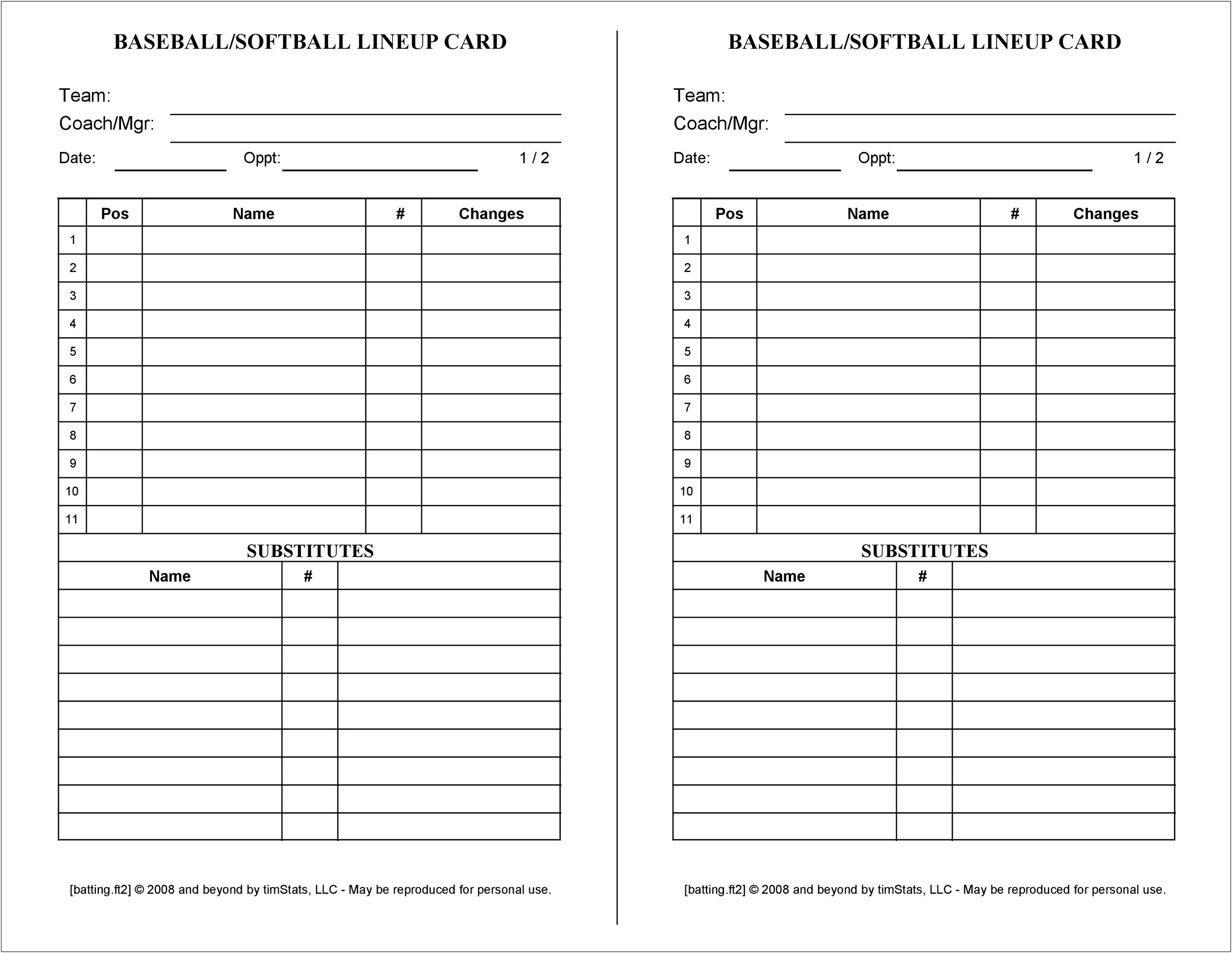 Free Quarter Page Template For Baseball Lineup Card