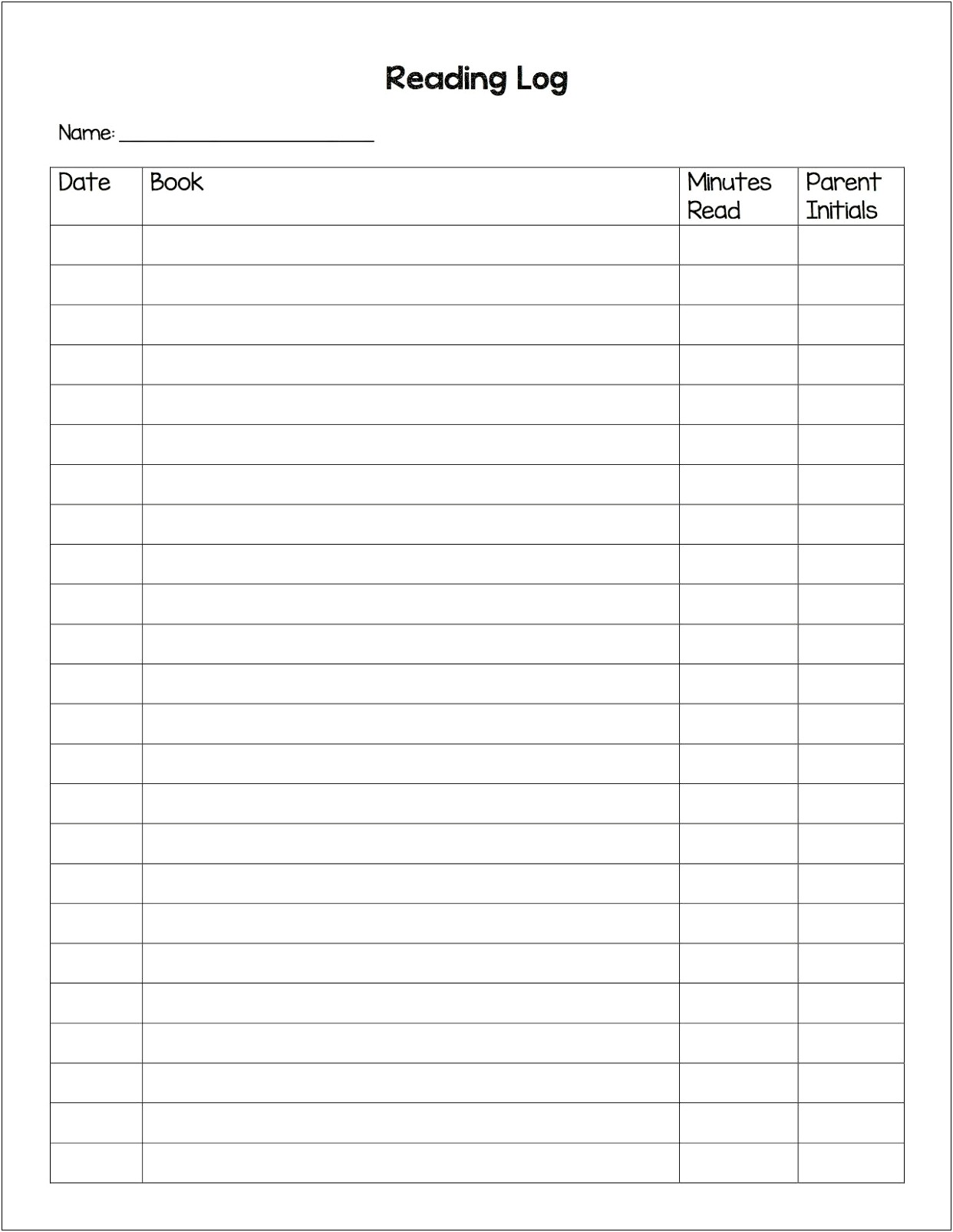 Free Reading Log Template With Parent Signature