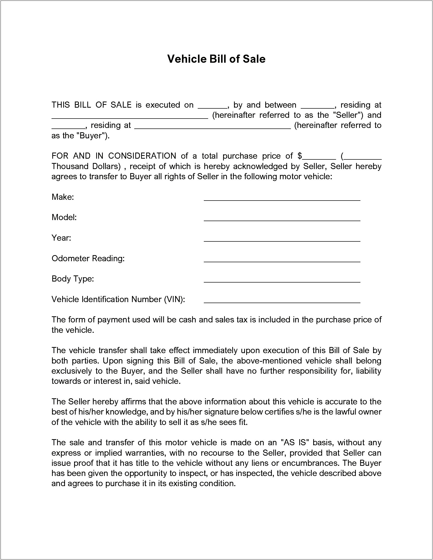 Free Release Of Liability Form Car Sale Template