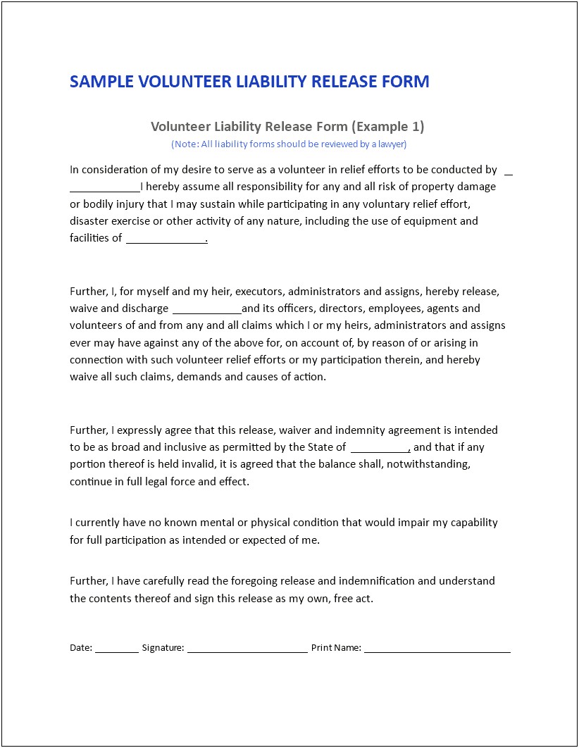 Free Release Of Liability Waiver Template