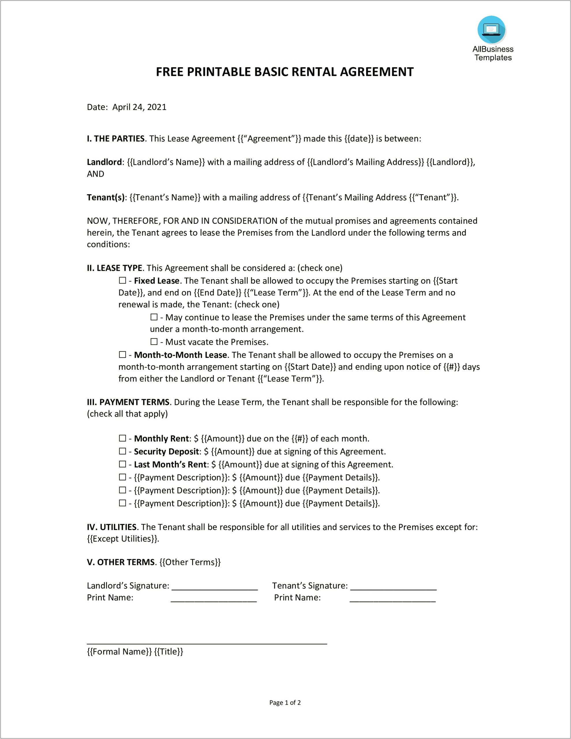 Free Rent To Own Agreement Template