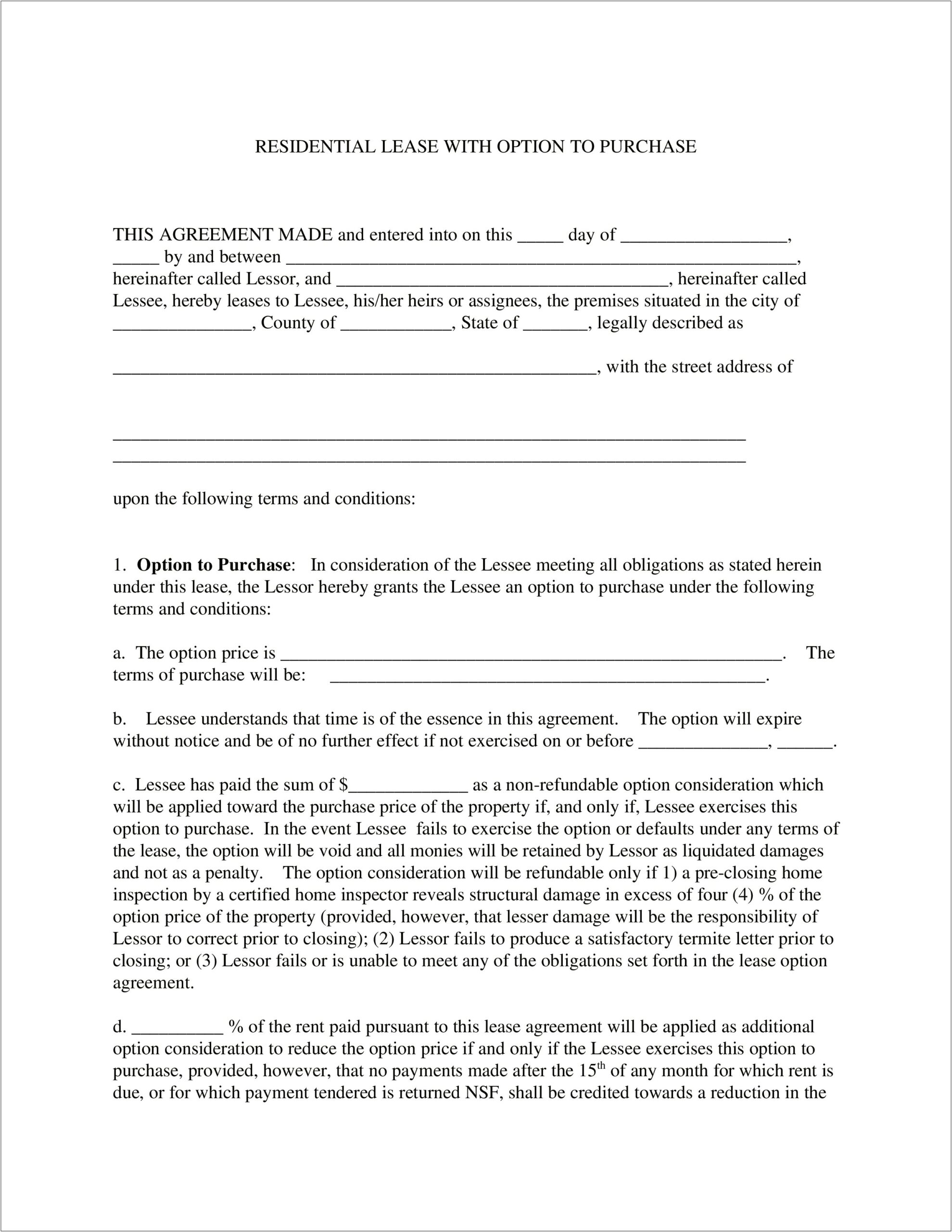 Free Rent To Own Home Contract Template