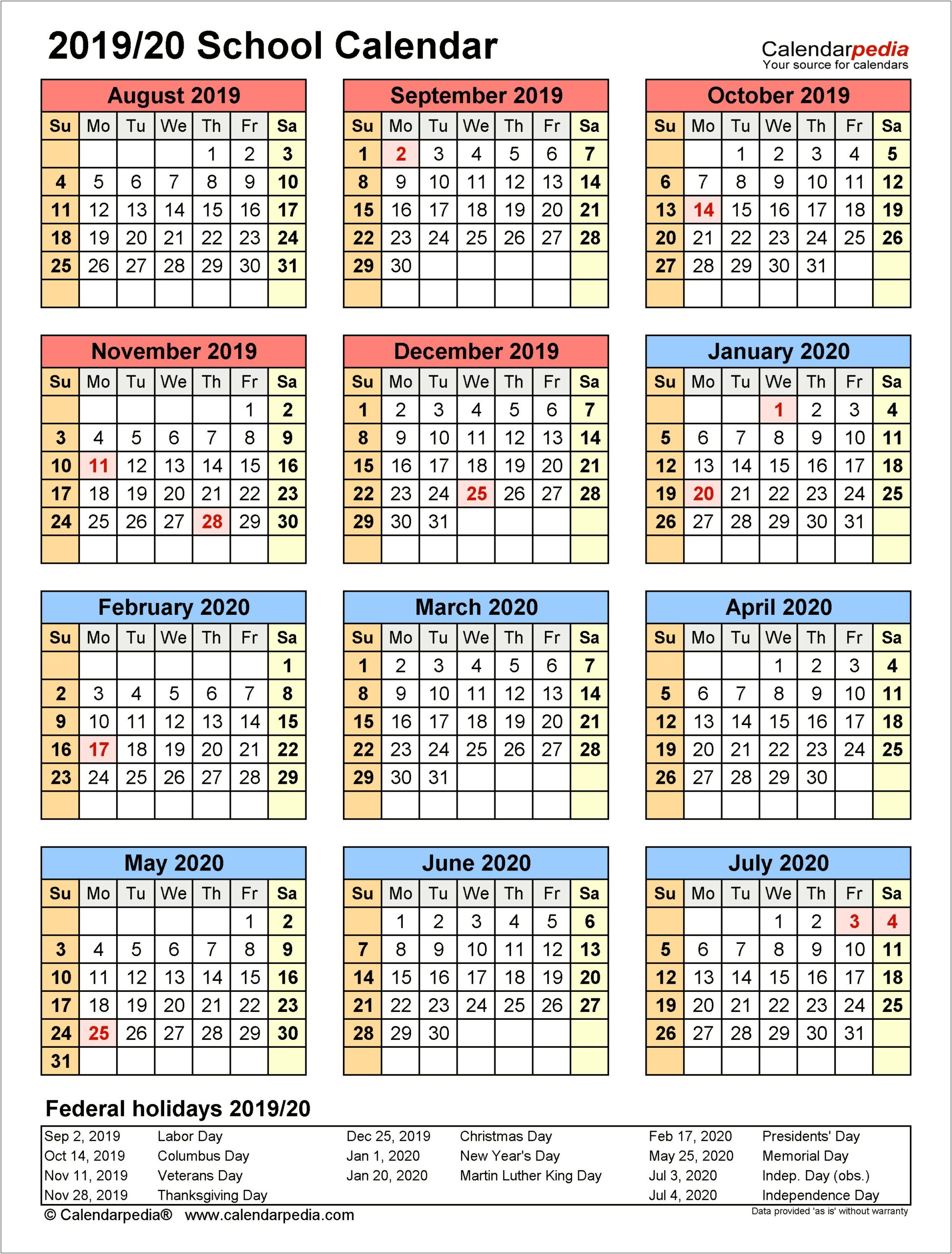 Free School Calendar Template 2018 19