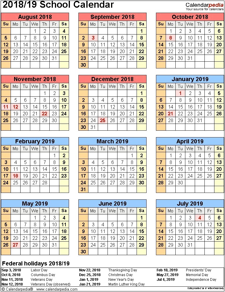 Free School Year Calendar Template 2018 19