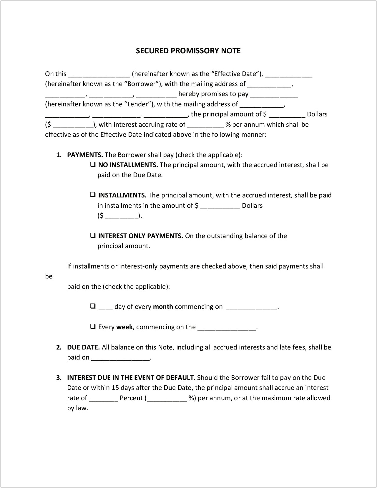 Free Secured Promissory Note Template Word