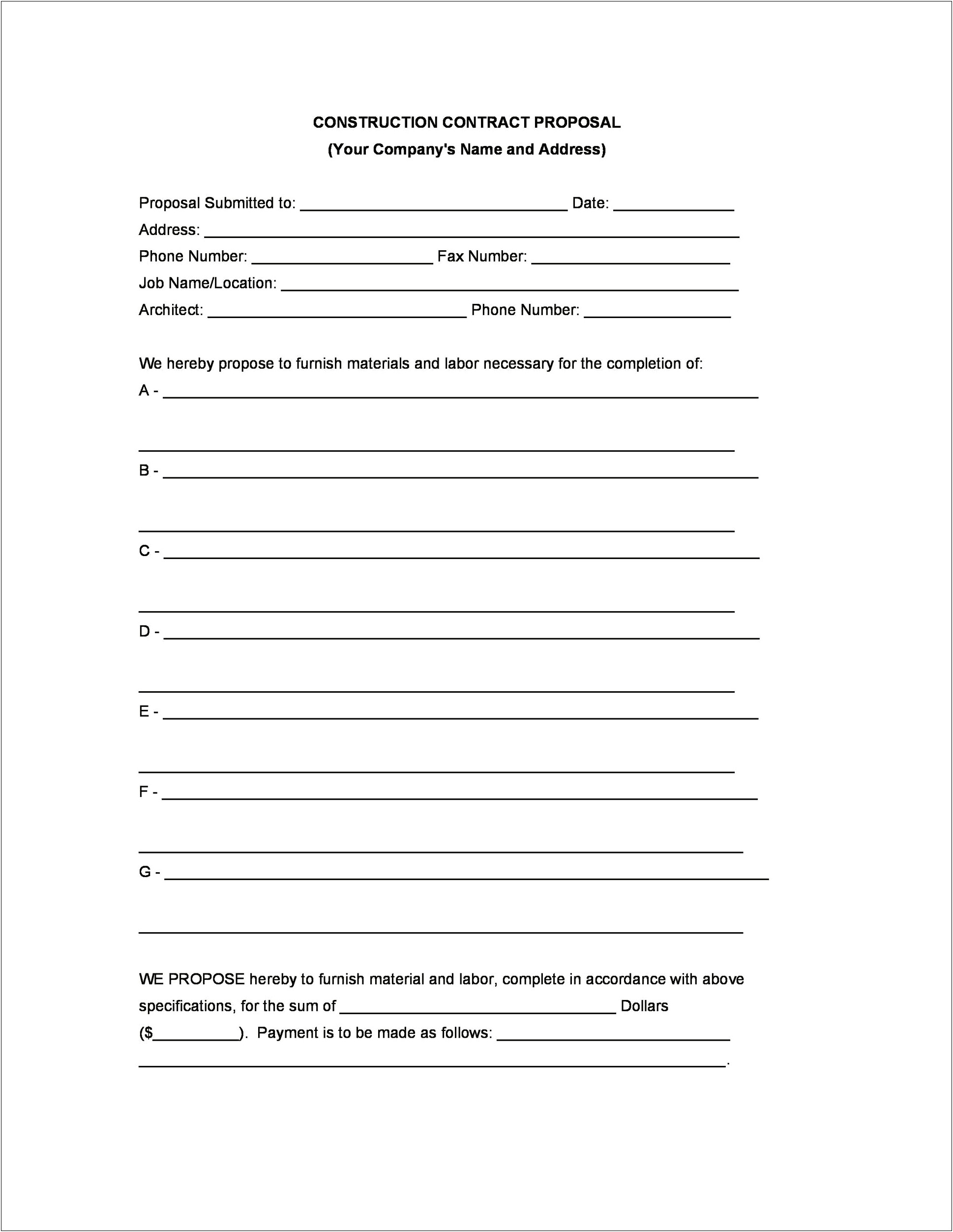 Free Simple Construction Bid Proposal Form Template