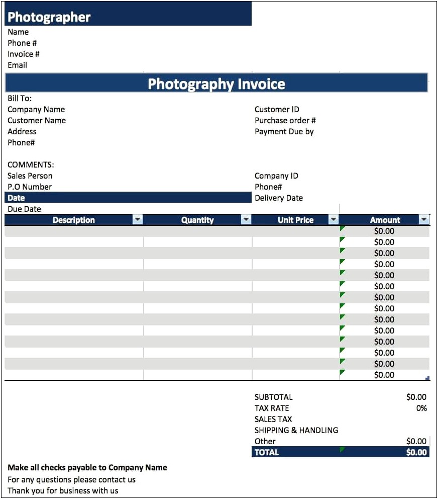 Free Simple Photogeaphy Invoice Templates For Photoshop