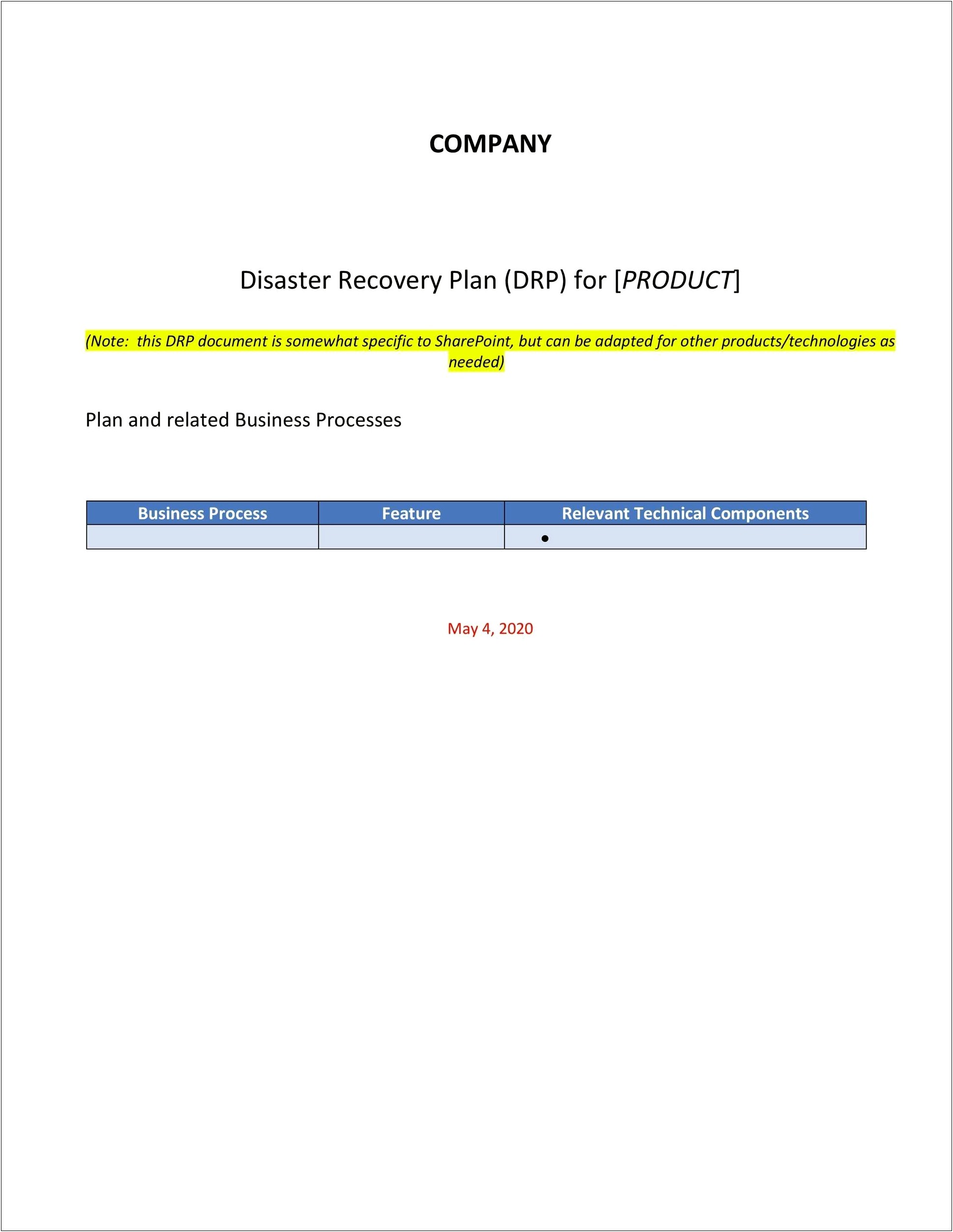 Free Small Business Disaster Recovery Plan Template