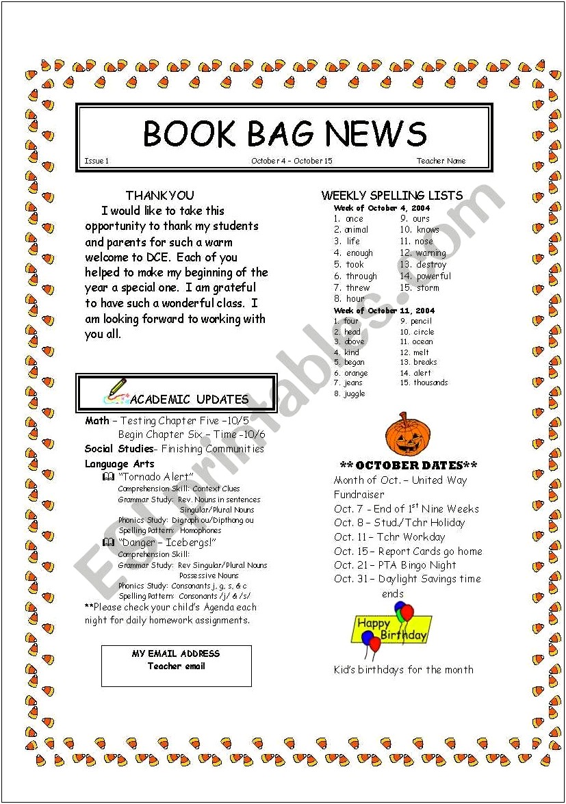Free Spelling And Vocabulary News Letter Templates