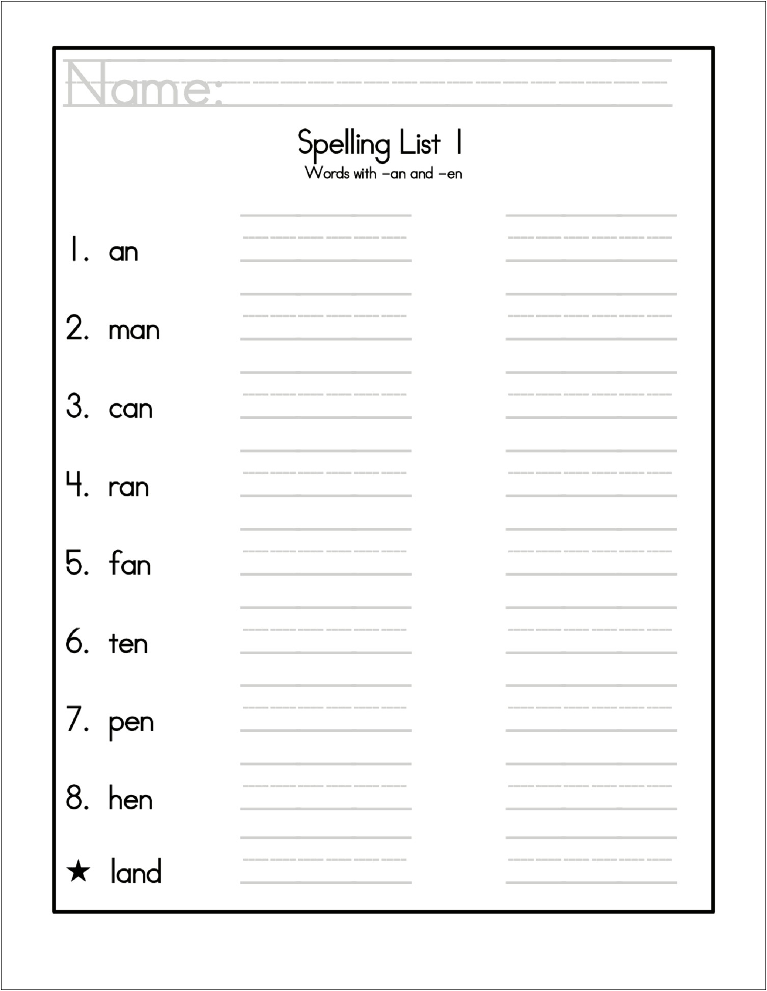 Free Spelling Test Template For First Grade